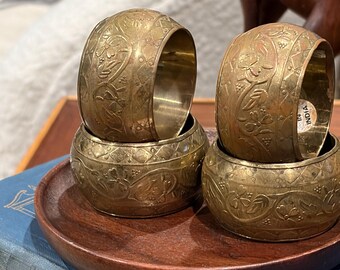 Vintage Brass Napkin Rings, set of 4, engraved floral design, made in India, boho decor