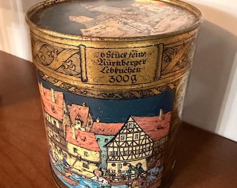 Lata vintage de Lebkuchen de Nuremberg com cena histórica, meados do século