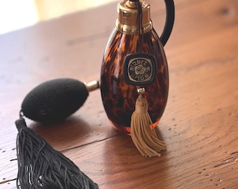 Vintage Albert E. Price Tortoiseshell Glass Perfume  Atomizer Bottle with Tassel Accents - Mid Century Hollywood Regency Vanity Decor