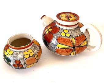 Vintage Signed Eduardo Vega Ecuador Pottery Teapot & Bowl Set | Hand Painted Studio Ceramic | Folk Art Floral Tea Set | Cuenca Ecuador
