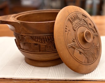 Vintage Hand Carved Teak Wood Bowl with Lid | Intricate Leaf Carving | Rustic Boho Decor | Wooden Storage Vessel | Lidded Serving Bowl