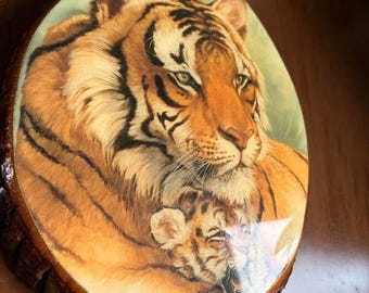 Vintage 1970s Tiger and Cub Live Edge Wood Plaque/Wall Art