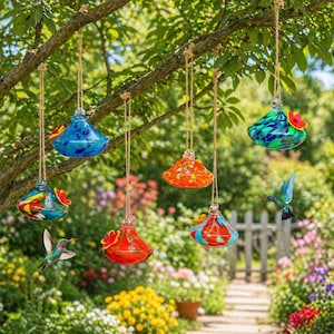 May include: A collection of colorful, hand-blown glass hummingbird feeders hanging from a tree branch. Each feeder has a unique design with vibrant colors like blue, orange, and green, and is adorned with a small, red flower. A hummingbird is shown flying near the feeders.