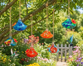 Comedero para colibríes de vidrio soplado a mano y colorido, comedero colgante para exteriores, ideal para jardín o patio trasero. Decoración perfecta para observar aves. Un regalo único para amantes de las aves.