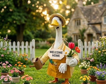 23 Inch Gardener Porch Goose Outfit Statue Set, with Straw Hat Watering Can Flower Pot,Summer Farm Country Patio Lawn Decor,Goose Lover Gift