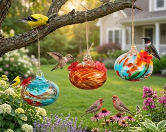 Comedero para colibríes de vidrio soplado a mano, comedero colgante para pájaros de exterior, bebedero único para colibríes, decoración colorida para el jardín, regalo para amantes de las aves.