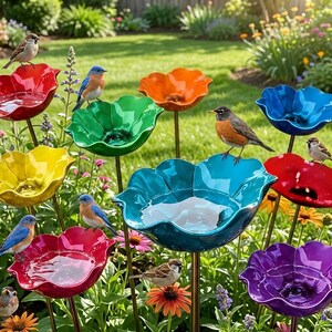 Könnte beinhalten: Eine Gartenansicht mit bunten, blumenförmigen Vogeltränken in Rot, Gelb, Grün, Orange, Blau und Lila. Kleine Vögel sitzen auf den Rändern der Tränken, die inmitten von Grün stehen.