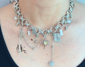 Himmlische Steampunk Charme Choker, Gothic Starburst Halskette, Layered Silber Kette Schmuck, Y2K Punk Ästhetik Statement Choker, Geschenk für Sie