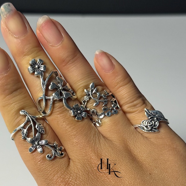 Fairycore Punk Vintage Goth Boho Jewelry 4pcs Floral Rings Set for Women's Fashion Accessories,Festival Jewellery