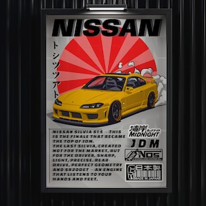 May include: Poster of a yellow Nissan Silvia S15 car with a red sunburst. The poster includes Japanese text and English text describing the car's features and JDM heritage.