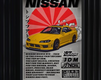 May include: Poster featuring a yellow Nissan Silvia S15 car with a red sunburst background. The poster includes Japanese text and English text describing the car's features and JDM heritage.