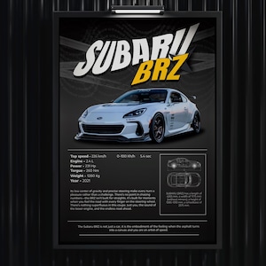 May include: A framed poster featuring a white Subaru BRZ sports car. The poster includes specifications like top speed, engine size, and weight. The Subaru BRZ logo is prominently displayed in white and yellow.