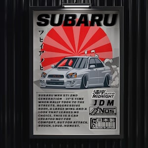 May include: Poster featuring a silver Subaru WRX STI 2nd generation car with a red and white sunburst design in the background. The poster includes Japanese text and the words "SUBARU", "MIDNIGHT", and "JDM".
