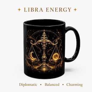 Libra Zodiac Mug Golden Balance Scales Art Black Ceramic Coffee Mug, Astrology Gift for Her & Him, Libra Gift, Spiritual Mug, Zodiac Mug