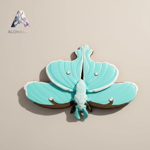 May include: A large, teal-colored moth-shaped cookie with white icing details and brown cookie base. The cookie has a detailed design, including a body and wing patterns. The cookie is likely a decorative treat.
