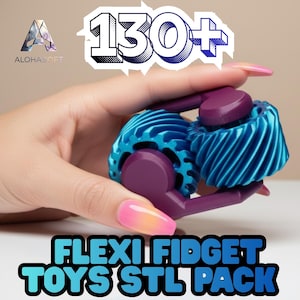Puede incluir: Un juguete flexible antiestrés azul y morado con diseño de engranaje, sostenido en una mano. El texto "130+" y "FLEXI FIDGET TOYS STL PACK" es visible. También se ve el logotipo de AlohaSoft.
