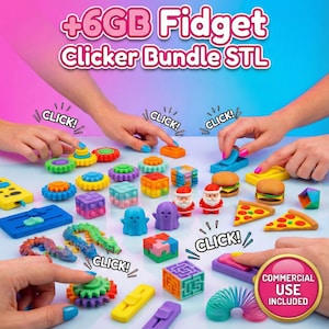 以下が含まれることがあります： 歯車、立方体、ピザやハンバーガーなどの食べ物の形など、カラフルなフィジェットおもちゃのコレクション。画像には「+6GB Fidget Clicker Bundle STL」と「Commercial Use Included」の文字が含まれています。