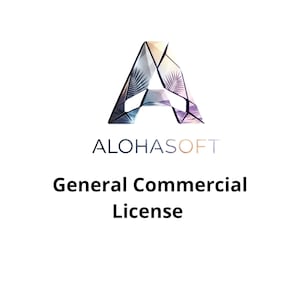 May include: White background with the text "ALOHASOFT" and "General Commercial License". Above the text is a geometric design of the letter "A" with a palm tree design inside.