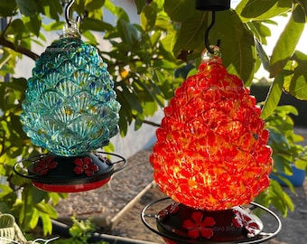 Pinecone Glass Hummingbird Feeder Set, Outdoor Garden Feeders, Red and Blue Set