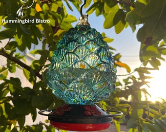 Pinecone Glass Hummingbird Feeder, Christmas Gift, Blue Outdoor Feeder