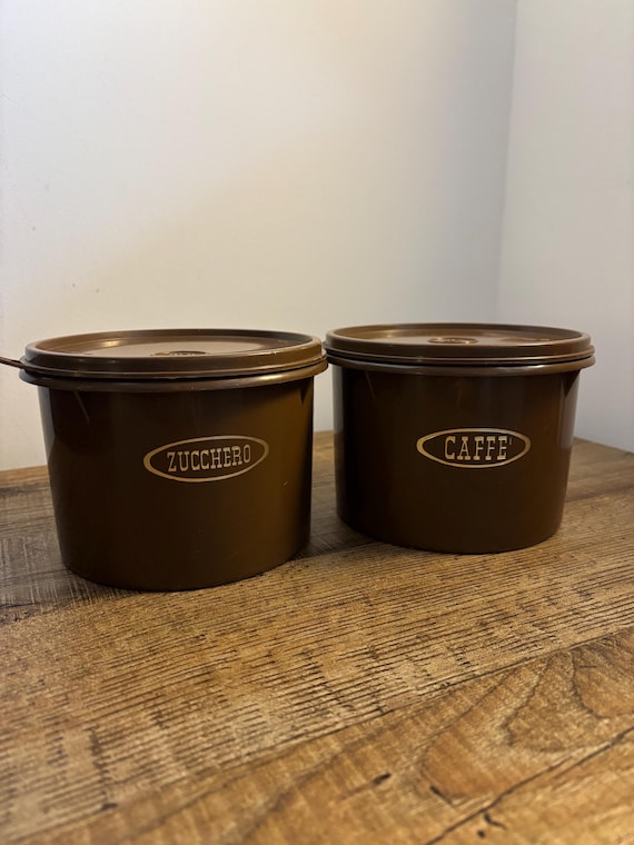 Vintage Tupperware-Set aus braunen Kaffee- und Zuckerdosen, italienische Küchenbehälter aus den 1970er Jahren mit Deckeln, Retro-Aufbewahrung aus Kunststoff