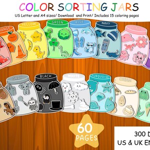 May include: A digital download featuring colorful jars labeled with different colors, each containing themed illustrations. The image includes the text "COLOR SORTING JARS" and "60 PAGES". The product is available in US Letter and A4 sizes.