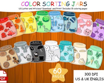 May include: A digital download featuring colorful jars labeled with different colors, each containing themed illustrations. The image includes the text "COLOR SORTING JARS" and "60 PAGES". The product is available in US Letter and A4 sizes.
