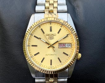 Vintage Seiko Lucent Two-tone Watch, Roman Numerals, Black Leather