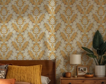 Yellow Damask Floral Wallpaper – Peel and Stick Removable Wall Mural