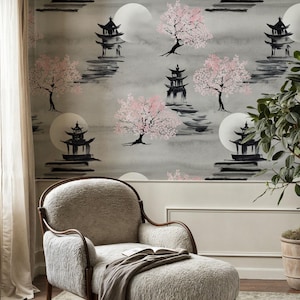 Japanese Sakura Pagoda Wallpaper – Peel and Stick Removable Wall Mural