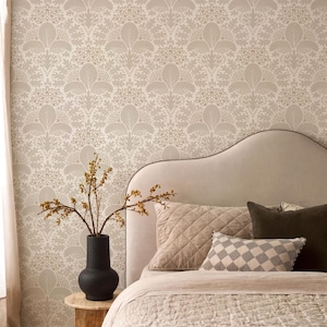 Beige Botanical Damask Wallpaper – Peel and Stick Removable Wall Mural