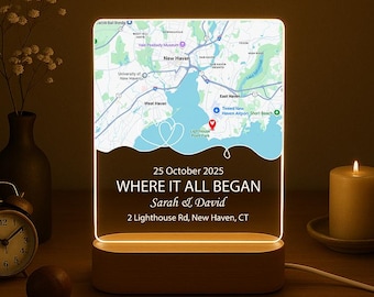 Personalisierte unser erstes Date Map Nachtlicht, benutzerdefinierte Kartendruck Acrylplakette, wo alles begann Karte LED-Nachtlampe, einzigartiges Jubiläumsgeschenk