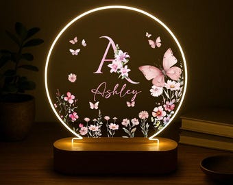 Personalized Name Night Light, Butterfly Flower LED Lamp, Custom Acrylic Light with Wooden Base, Gift for Her, Bedroom Decor