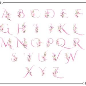 May include: A full alphabet of pink floral letters, each adorned with delicate pink and white flowers. The letters are in a soft, elegant font, perfect for personalized stationery or wedding invitations. The design is set against a clean white background.