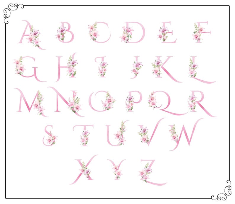 May include: A full alphabet of pink floral letters, each adorned with delicate pink and white flowers. The letters are in a soft, elegant font, perfect for personalized stationery or wedding invitations. The design is set against a clean white background.