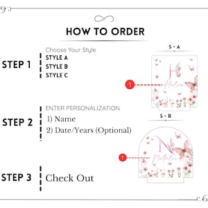 May include: An instructional graphic with the text "HOW TO ORDER" and steps for personalization. Includes examples of personalized night lights with floral and butterfly designs, featuring names like "Helen" and "Natalie".