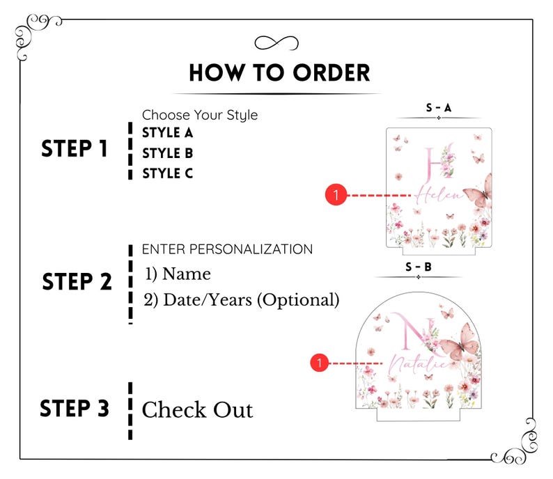 May include: An instructional graphic with the text "HOW TO ORDER" and steps for personalization. Includes examples of personalized night lights with floral and butterfly designs, featuring names like "Helen" and "Natalie".