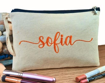 Bridesmaid Makeup Bag — Personalized Embroidered Cosmetic Bag, Monogram Toiletry Pouch, Wedding Party Gift, Travel Makeup Case