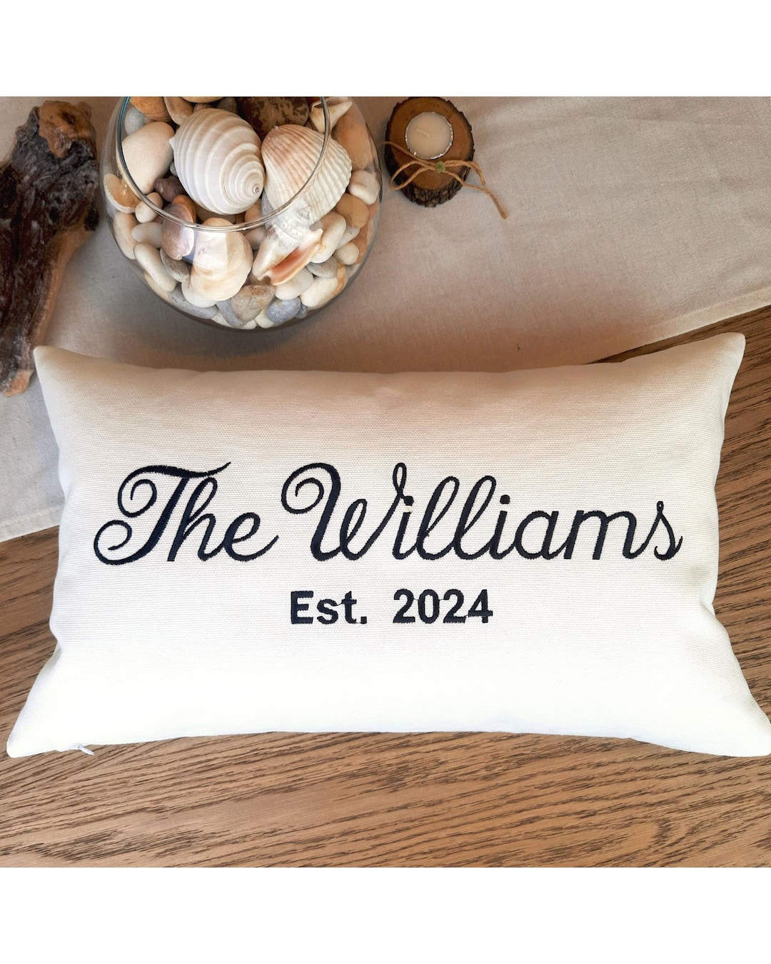 Embroidered Family Name Pillow Cover - Custom Last Name Throw Pillow - Couple Pillow Case with Established Date — Engagement Gift