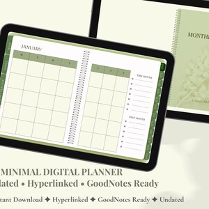Peut inclure: Un agenda numérique affiché sur deux tablettes, présentant une palette de couleurs vert sauge. Un écran montre une mise en page de calendrier mensuel pour janvier avec des onglets pour les notes. L'autre écran montre une couverture.