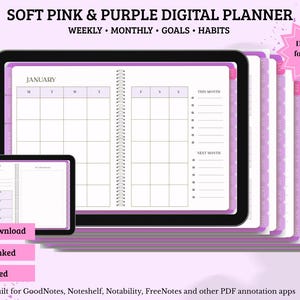 Soft Pink Purple Digital Planner | Undated Hyperlinked | GoodNotes FreeNotes iPad | Monthly Weekly Habit Tracker Goals | Instant Download