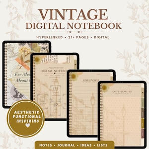 Peut inclure: Un carnet numérique affiché sur quatre écrans de tablette, présentant une esthétique vintage avec des éléments floraux et de collage papier. Le texte indique VINTAGE DIGITAL NOTEBOOK, HYPERLINKED, 21+ PAGES, DIGITAL, AESTHETIC FUNCTIONAL INSPIRING, NOTES, JOURNAL, IDEAS, LISTS.