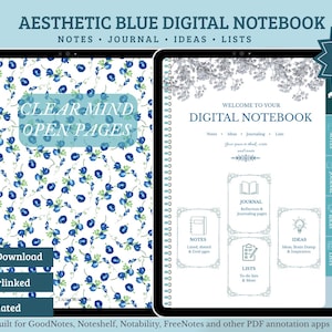Peut inclure: Un carnet numérique pour iPad et tablette avec une couverture à motif floral bleu portant le texte CLEAR MIND OPEN PAGES et une page intérieure intitulée WELCOME TO YOUR DIGITAL NOTEBOOK avec des sections pour notes, idées, journal et listes.