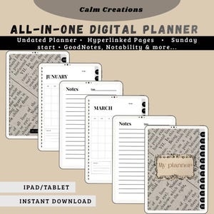 Peut inclure: Plusieurs tablettes affichent un planificateur numérique complet avec des pages non datées et des hyperliens. Le planificateur est compatible avec GoodNotes et Notability. Les tablettes montrent des pages de calendrier pour janvier et mars. Le texte "Calm Creations" est en haut.