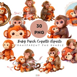 Könnte beinhalten: Eine Sammlung digitaler Cliparts mit entzückenden Baby-Affen. Die Illustrationen zeigen Affen, die Stofftiere umarmen, in verschiedenen Posen und Stilen. Der Text "30 PNG" und "Baby Punch Coquette cliparts" ist ebenfalls sichtbar.