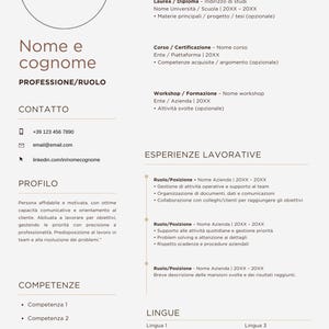 Può includere: Un modello di curriculum vitae minimalista in beige e bianco. Il documento include sezioni per istruzione, esperienza lavorativa, competenze e informazioni di contatto.