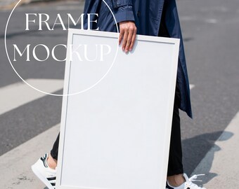Holding Frame Mockup, Vertical Wall Art Mockup, Frame Mockup with Person, Outdoor Frame Mockup, Lifestyle Frame PSD, White Frame Mockup