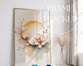Mockup di decorazione murale, mockup di cornice verticale singola, mockup di poster appoggiato, mockup di cornice in legno realistica, riflesso su vetro, oggetto avanzato PSD
