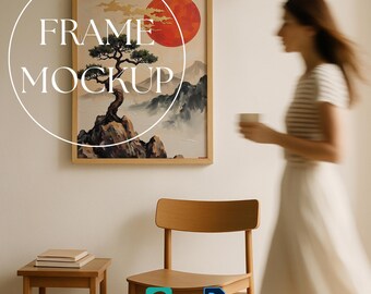 Frame Mockup with Person, Vertical Wall Art Mockup Template, Wooden Frame Poster Mockup, Art Print Mockup, Photoshop Smart Object PSD
