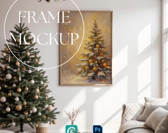 Julrammodell, vertikal väggkonstmodell, enkel träram, konsttryckmodell, ramaffischmodell, Photoshop Smart Object PSD